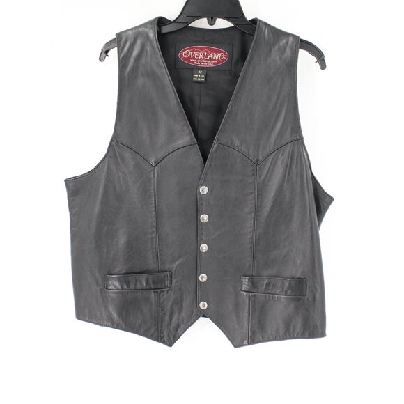 Overland Vest Men's 42 Sleeveless Leather Snap Button Black biker western moto